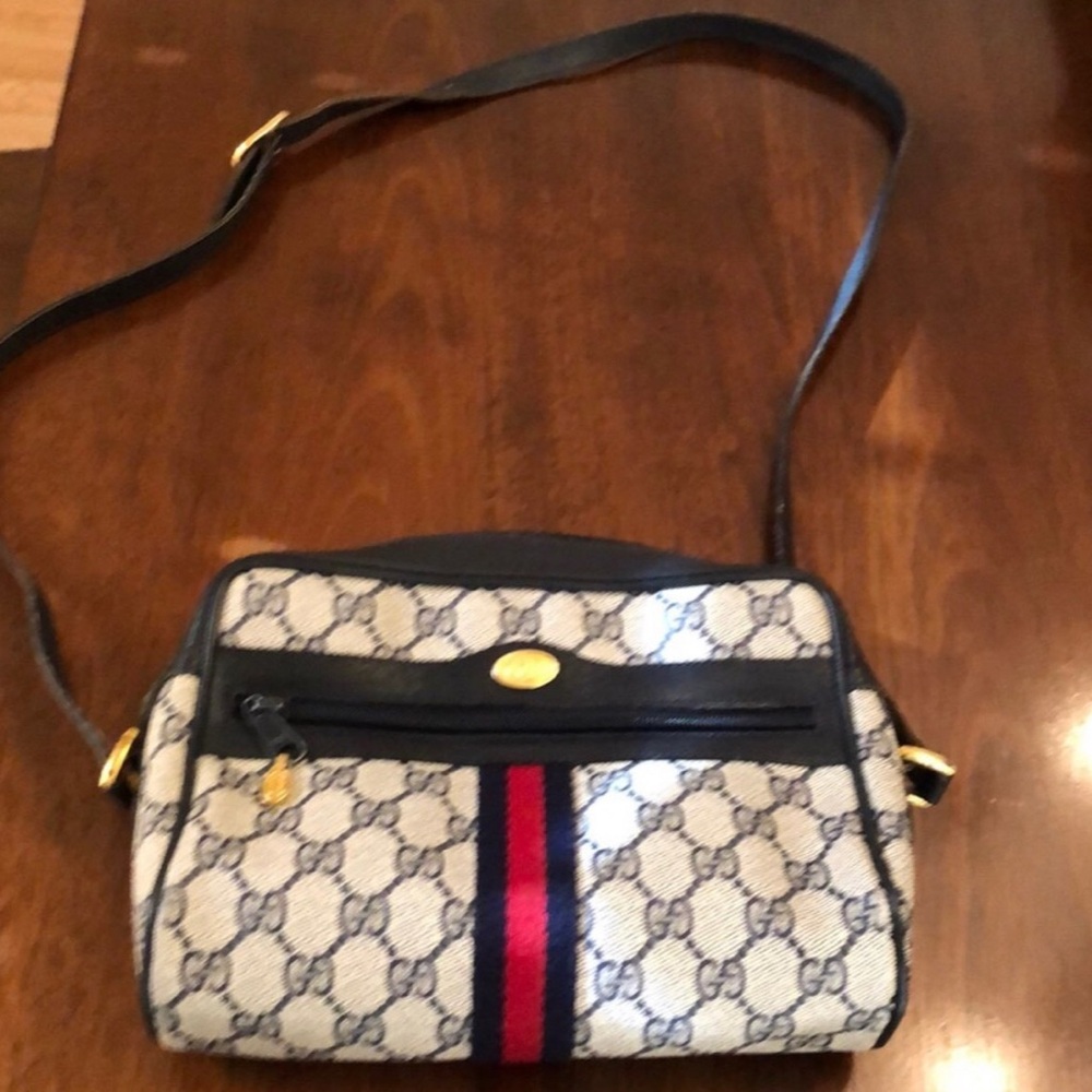 Gucci GG Supreme Crossbody with Red and Navy Web Stripe